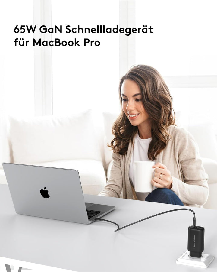 Qackenm GaN USB C Ladegerät 65W, 3-Port USB C Netzteil, PPS Schnellladegerät für MacBook Pro/Air, iP