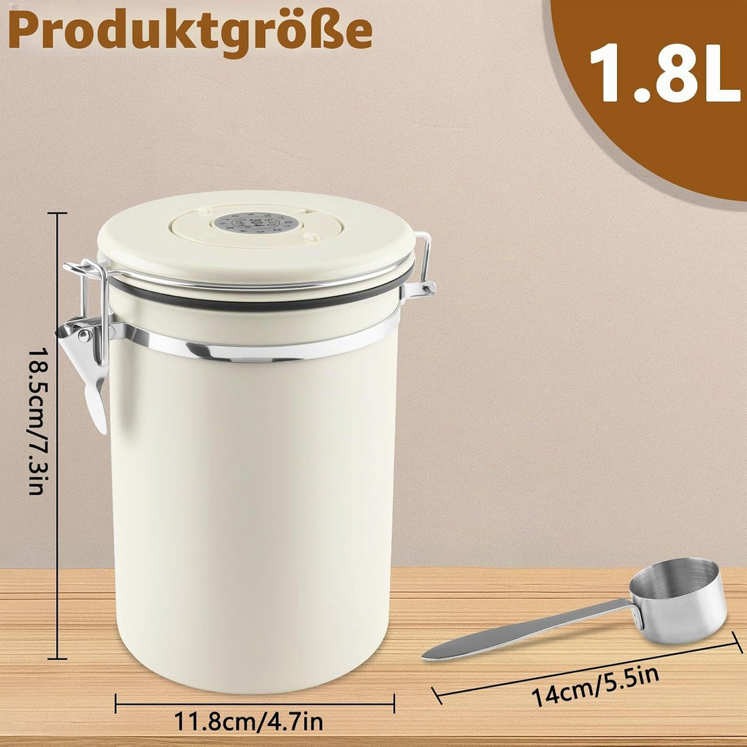 Kaffeedose Luftdicht Edelstahl 304, 1,8 L Kaffeebohnen Behälter Mit EdelstahllöFfel Und Zeiterfassun