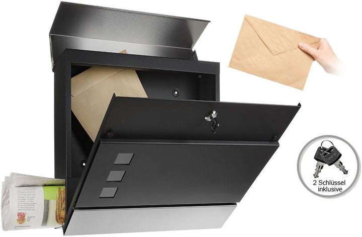 Melko Wandbriefkasten Briefkasten Design mit Zeitungsfach aus poliertem Edelstahl, 37 x 11 x 36,5 cm