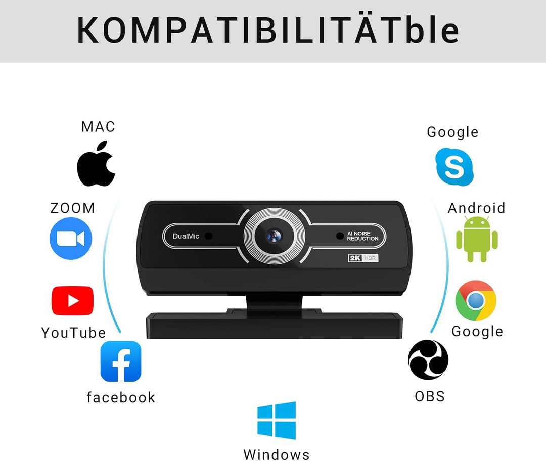 Webcam 2K, USB A Webcam mit Mikrofo, Kamera PC, Rauschunterdrückung Automatische Fixfokus für Live S