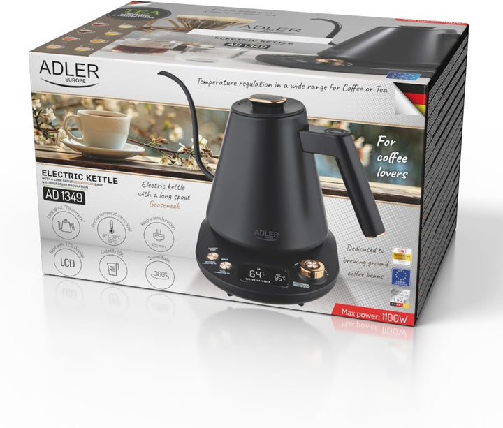 ADLER EUROPE AD 1349 Wasserkocher 1L – Schwarz-Gold, LED-Temperaturanzeige, 900W, Temperaturregulier