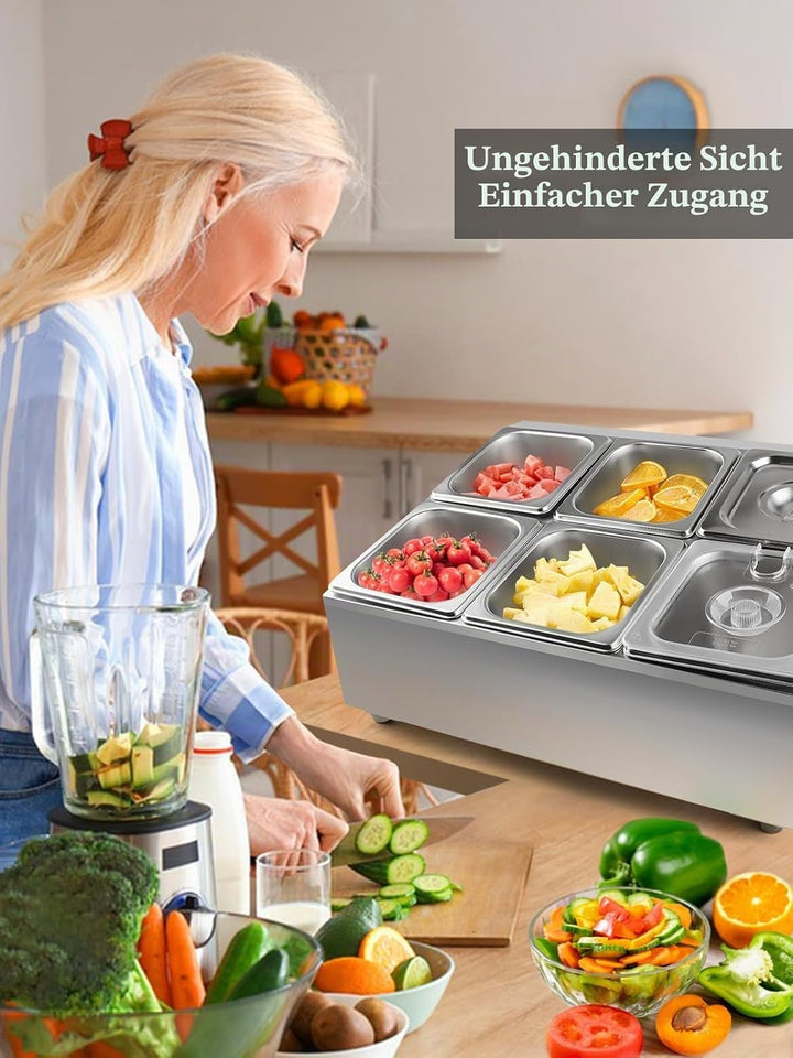 TOROKOM 6 Pfannen Edelstahl Zutatenbehälter Gewürz Organizer aus Edelstahl Salatbar Buffet Station m