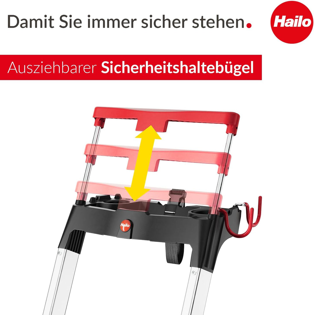Hailo Stehleiter TopLine, 5 XXL-Sicherheits-Stufen bis 150kg, Aluminium Leiter mit ausziehbarem Halt