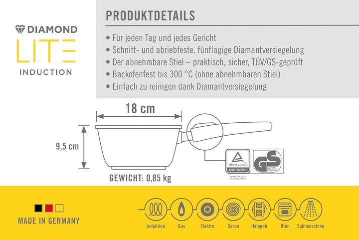Woll Norbert 1918DPI Diamond LITE Induktion Guss-Stieltopf, AS Ø 18 cm, 9,5 cm hoch, 2 Liter, schwar