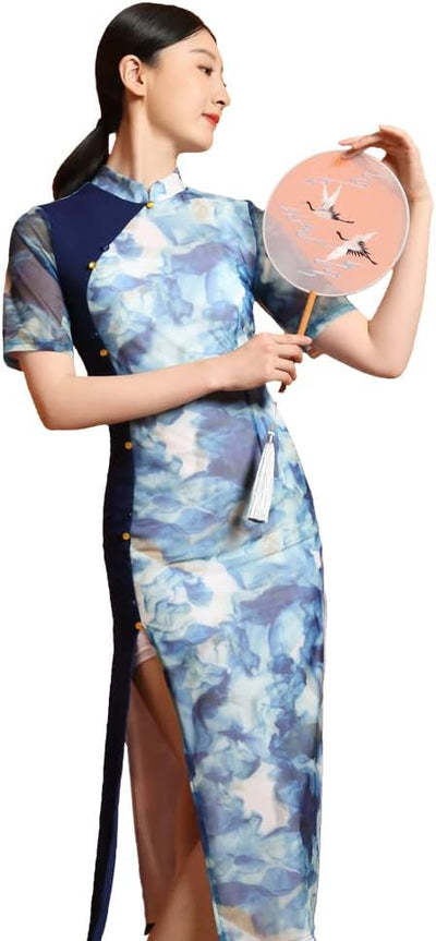 ROYAL SMEELA Blau Cheongsam Damen Druck Cheongsam Qipao Chinesische Kleid Für Frauen Kurzarm Cheongs