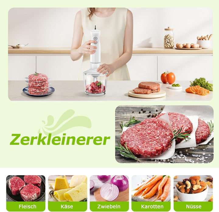 Bonsenkitchen Pürierstab, 1000W Edelstahl Elektrischer Stabmixer, 2 Geschwindigkeitsstufen, Stabmixe