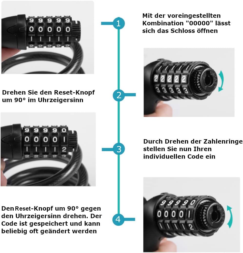 Fahrradschloss, aus Stahl, Zahlenschloss, 5-Ziffern-Pin, Kettenschloss, E-Bike, Pedelec Schwarz, Sch