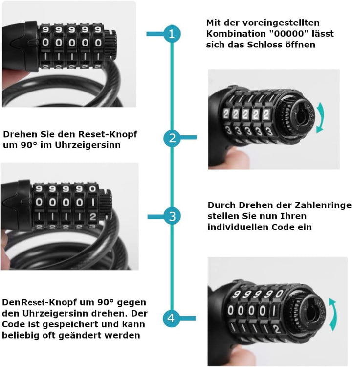Fahrradschloss, aus Stahl, Zahlenschloss, 5-Ziffern-Pin, Kettenschloss, E-Bike, Pedelec Schwarz, Sch