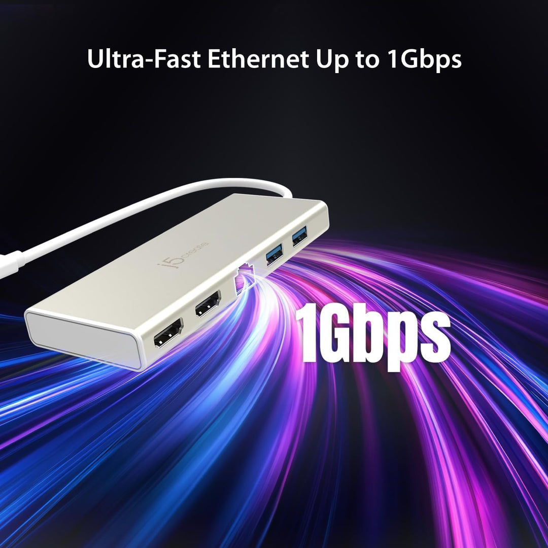j5create USB-C Dual HDMI Hub - Typ C Dockingstation mit 2X HDMI, 2X USB 3.0, Ethernet, PD 60W Durchg