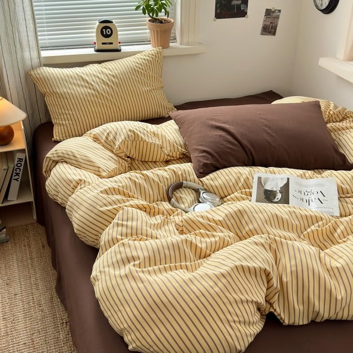 Bettwäsche 200x200 Gelb Braun Gestreift Streifen mit 2 Kissenbezug 80x80cm Gelb Streifen 200x200cmx1