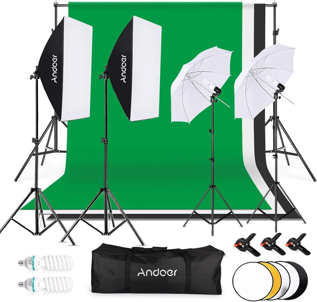 Andoer Fotostudio Set, 1.8M x 2.7M Hintergrund Stützsystem (Grün Schwarz Weiss) mit Softbox, Dauerli
