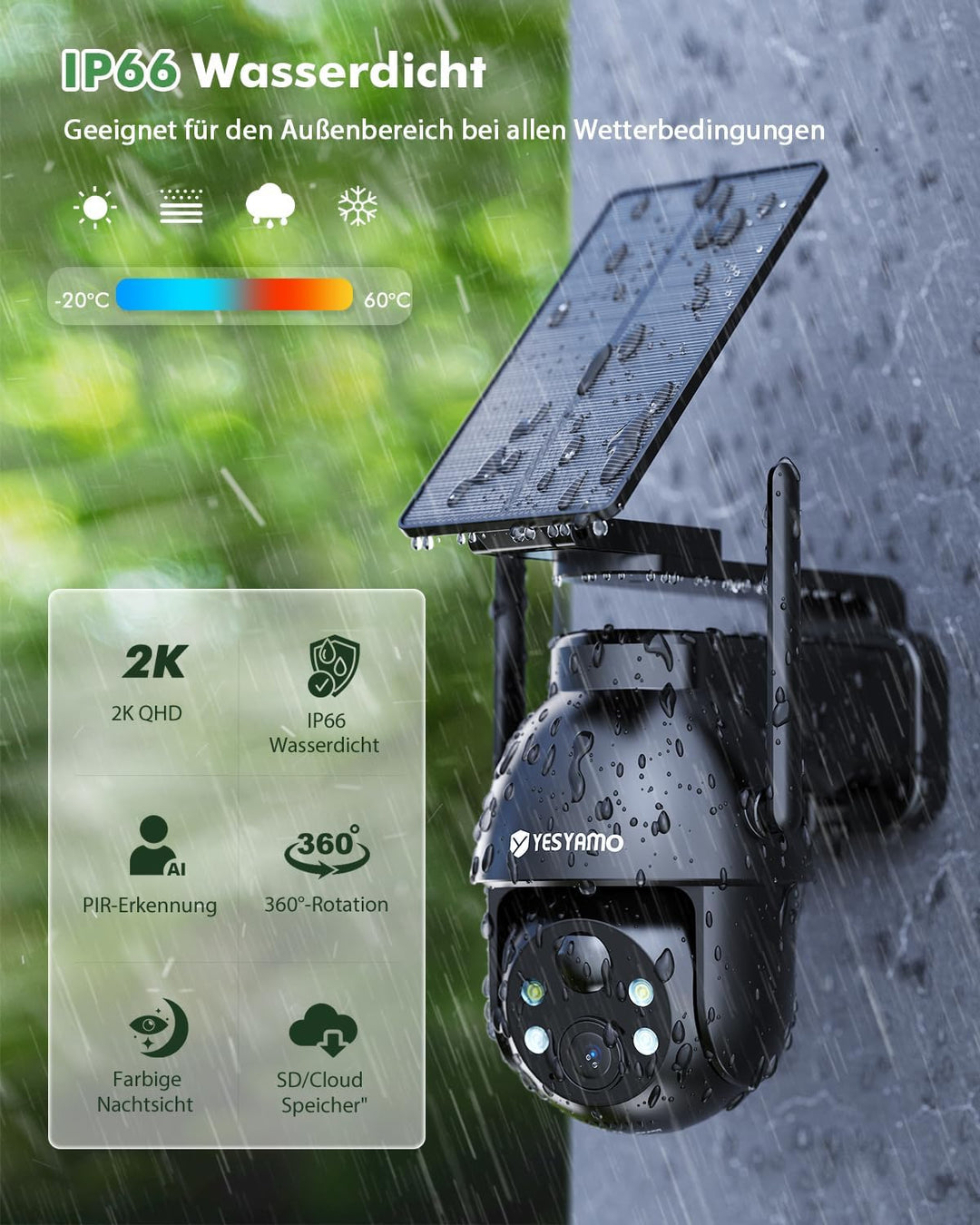 2K Überwachungskamera, WLAN, für den Aussenbereich, kabellos, Solar, 2,4 GHz, Solar-Kamera für den A
