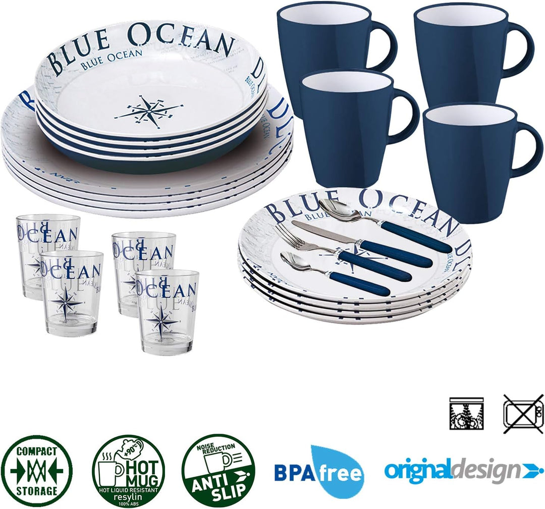 BRUNNER - Campinggeschirr Melamin Maritim (Set: 12, 16 oder 36 Teilig), 4 Personen - Blue Ocean - Ho