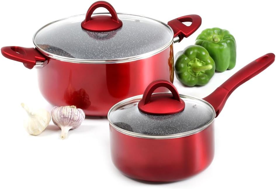 AMBITION Topf Alu Kochtopf Antihaftbeschichtet INDUKTION mit Glasdeckel Rot 3 L