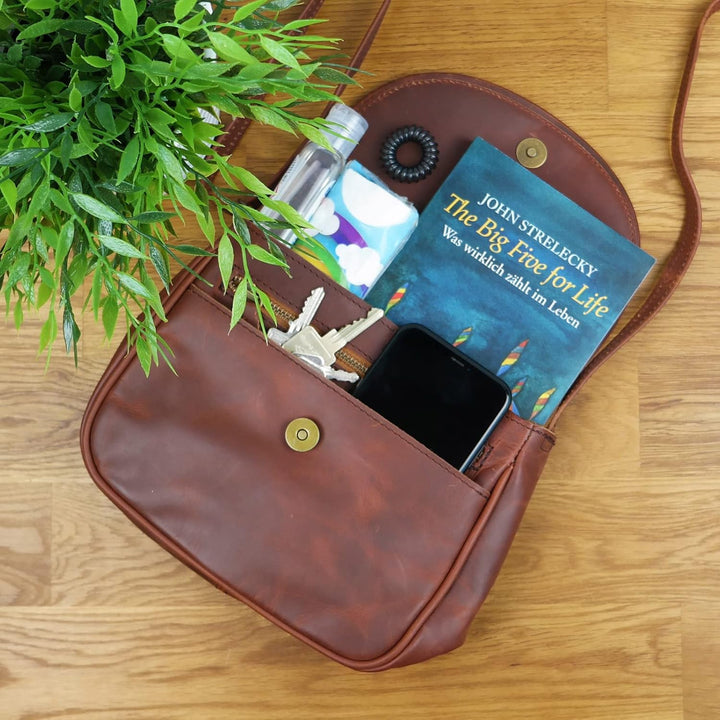 LECONI kleine Umhängetasche Damentasche Schultertasche Festivaltasche Leder 22x18x6cm LE3047 Braun –