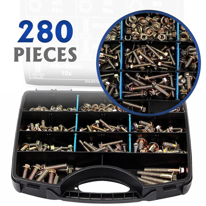 CCLIFE 280tlg Flansch Schrauben DIN 6921 und Muttern DIN 6923 Set Sechskantschrauben Vollgewinde Sor