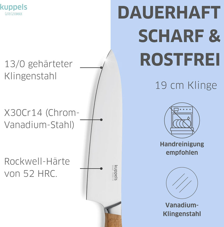 Kuppels | Messerset WOOD | 3-teilig | scharfe Messer mit Akazienholzgriff | Klinge aus gehärtetem Ed