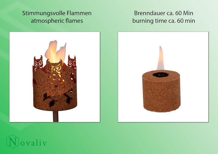 Novaliv 6X Holzspäne Brennelemente für Gartenfackel Wachsrollen für Gartenfackeln - Flackernder Feue