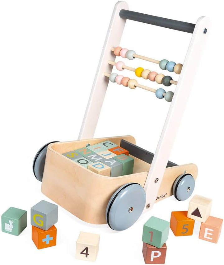 Janod - Sweet Cocoon ABC Buggy - Baby Lauflernwagen aus Holz mit 20 Alphabet Bausteinen mit Zahlen +