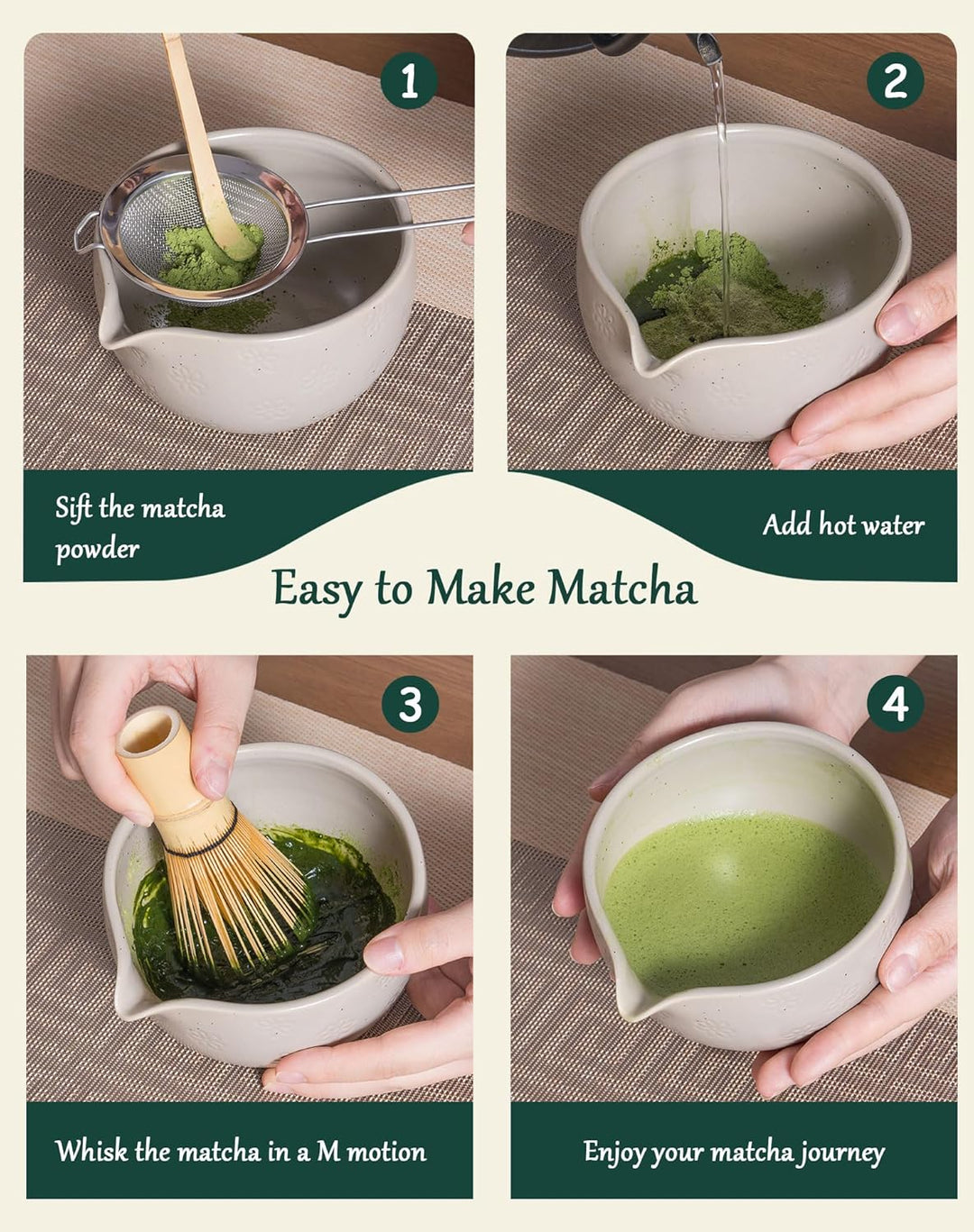 Matcha Set 6-teilig, Japanisches Matcha Schale mit Ausgiesser & Bambusbesen Kit, Inkl. Edelstahl Sie