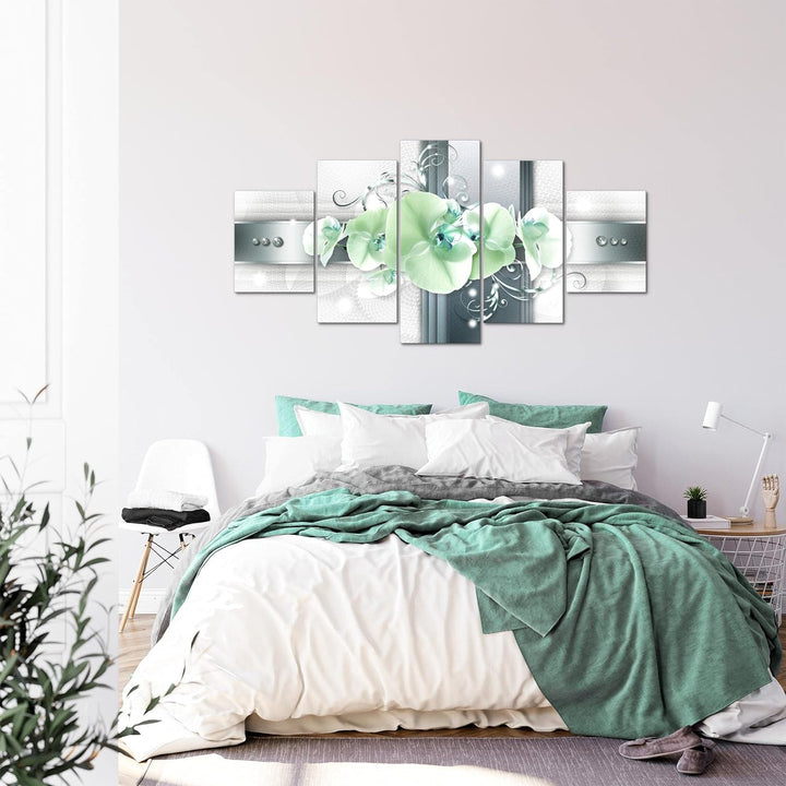 Runa Art - Bilder Blumen Orchidee 200 x 100 cm 5 Teilig XXL Wanddekoration Design Grau Türkis 008351