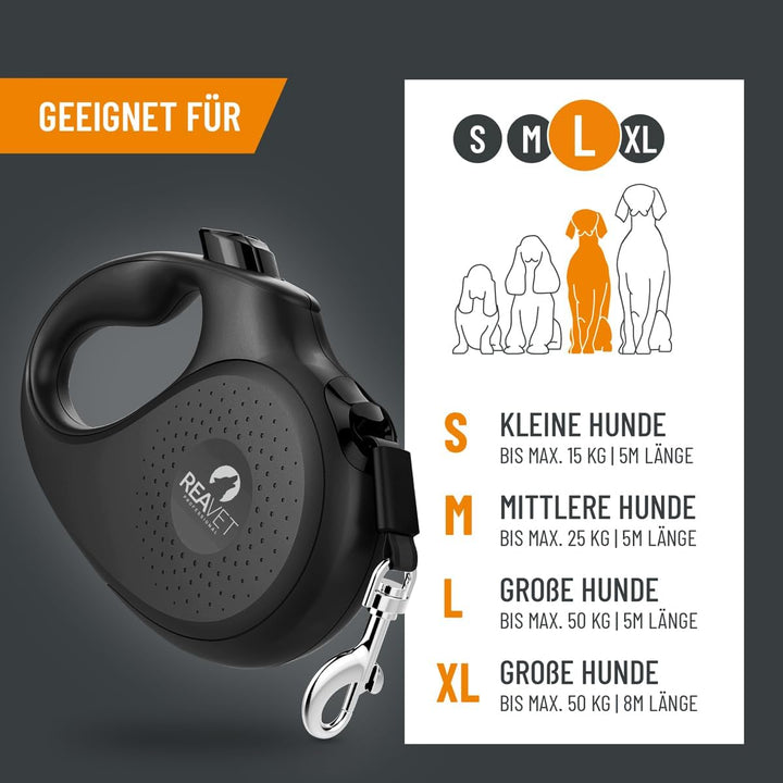 ReaVET Rollleine Hundeleine ausziehbar 5m für grosse Hunde (L) I Ergonomischer & Rutschfester Griff