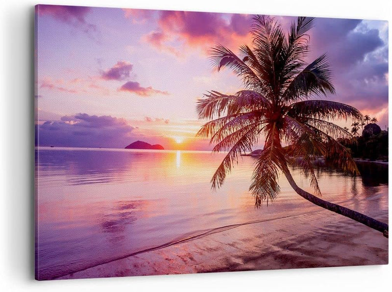 Bilder auf Leinwand 100x70cm Leinwandbild mit Rahmen Strand Meer Palme Gross Wanddeko Bild Schlafzim