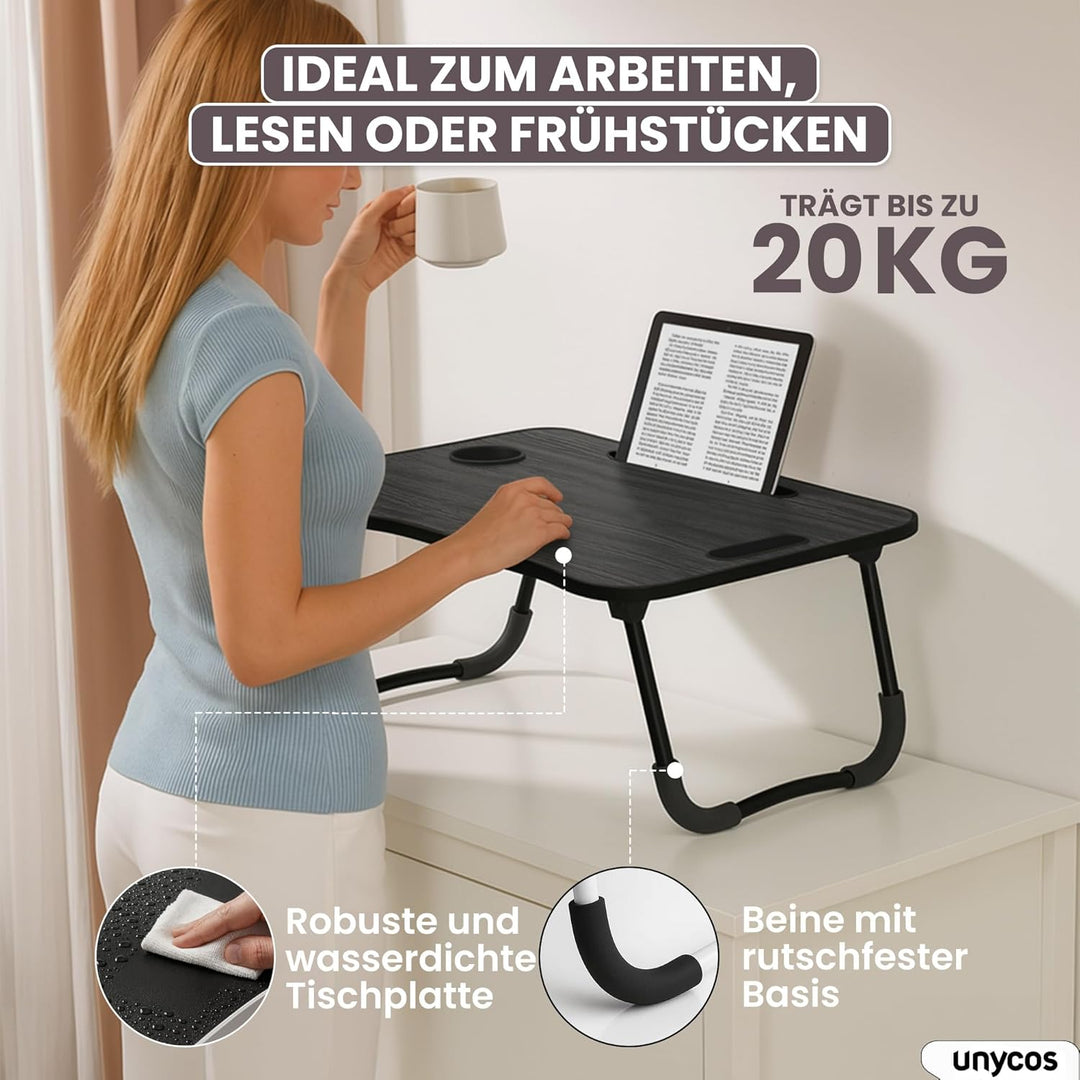 unycos - Klappbarer Laptoptisch, Betttablett, Leseständer, Computertisch, Frühstückstablett, Beistel
