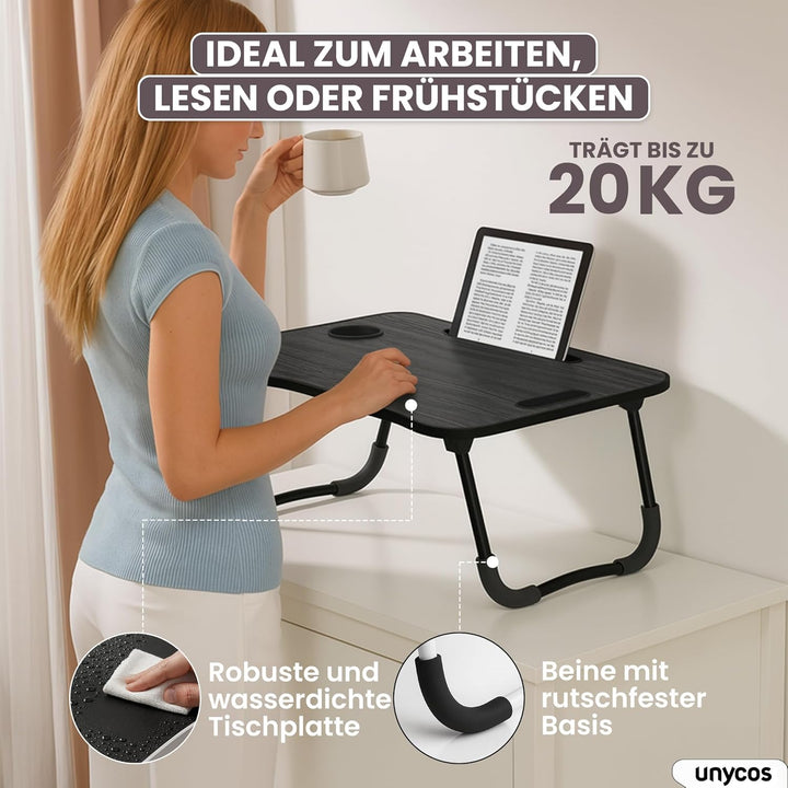 unycos - Klappbarer Laptoptisch, Betttablett, Leseständer, Computertisch, Frühstückstablett, Beistel