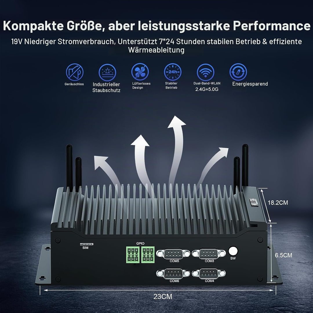 HISTTON Lüfterlos Mini PC Core i5-10210U, 16GB RAM 512GB M.2 SSD, Industrie PC mit 6 RS232 COM, HD+D