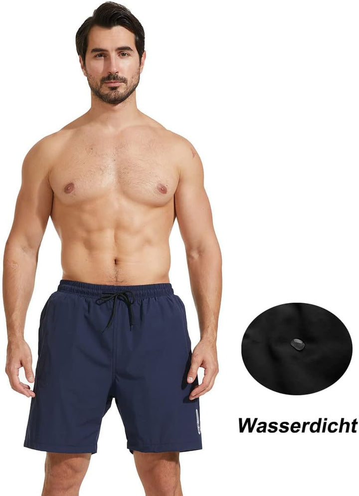 JustSun Sporthose Herren kurz Schnelltrocknend Badehose mit Reissverschlusstasche M Dunkelblau, M Du