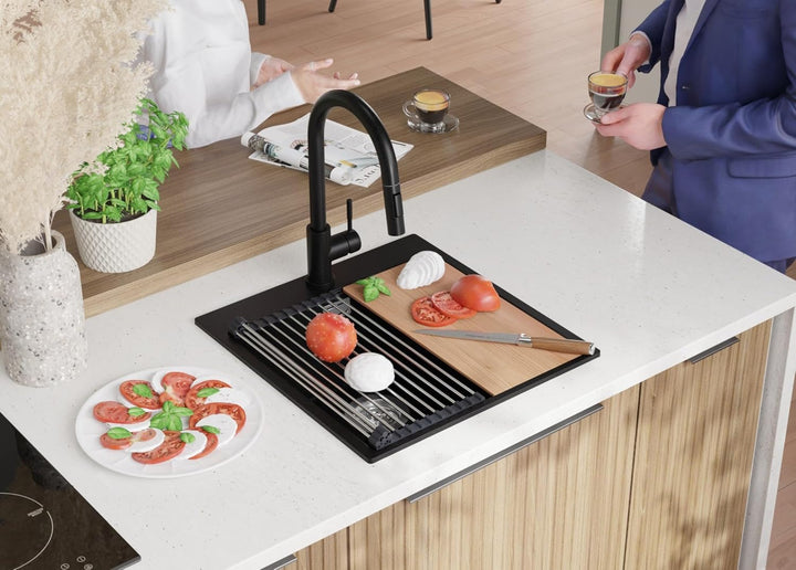 Granitspüle Schwarz 48x50 cm, Spülbecken + Ablauf-Set + Küchenarmatur 9600, Küchenspüle für 50er Unt