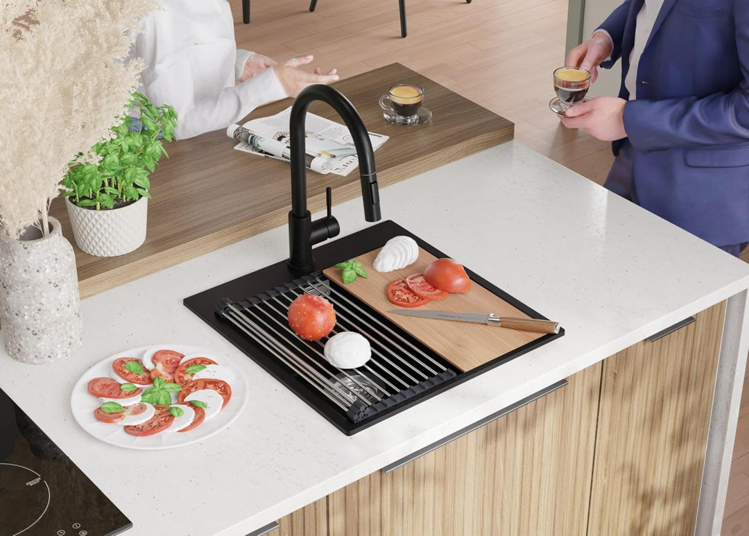 PRIMAGRAN Granitspüle Schwarz 48x50cm, Spülbecken 1 Becken + Ablauf-Set + Küchenarmatur 40x22cm, Küc