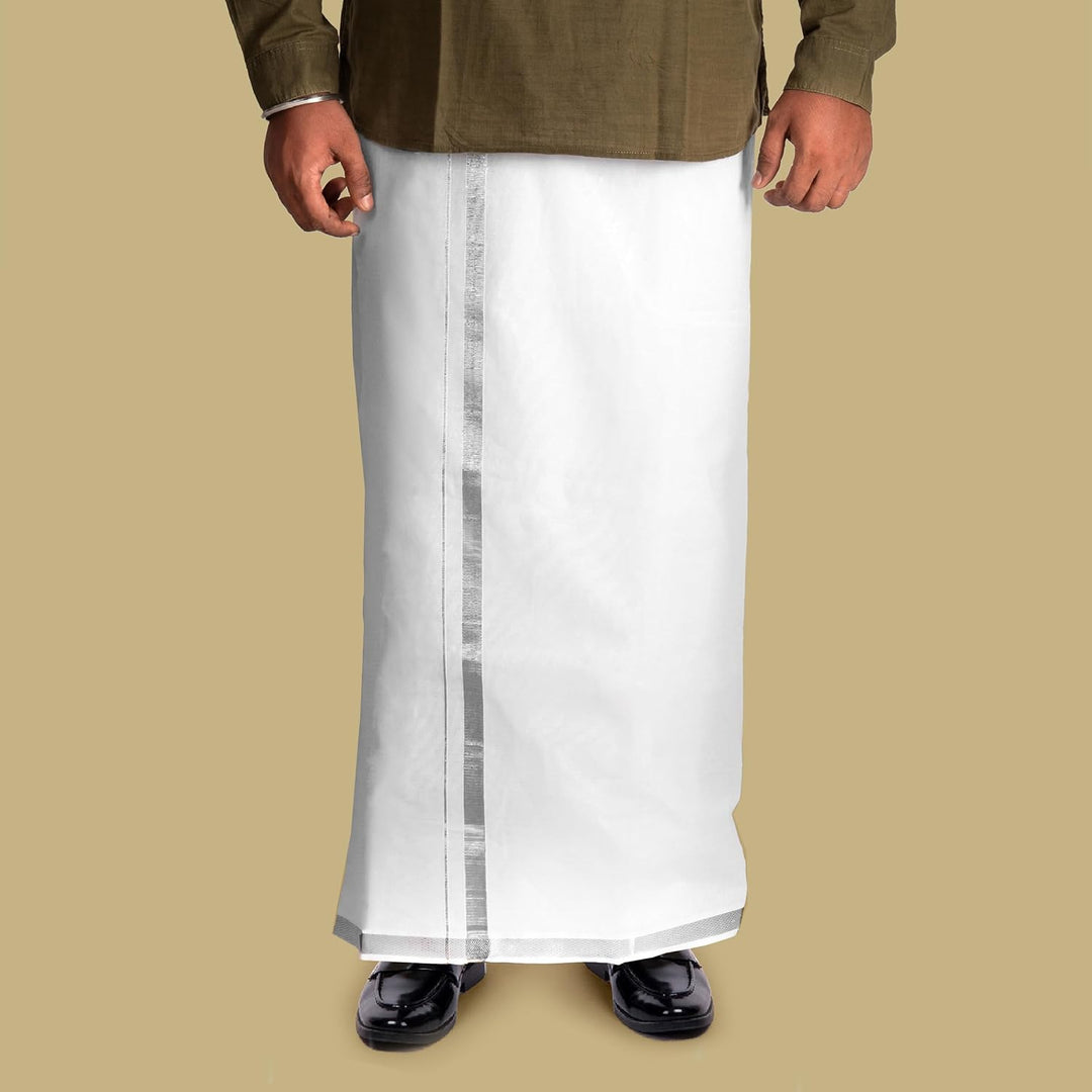 Cotton Dhoti Vesti Mundu Single Layer with Golden Border, Farbe: Weiß, 2,5 cm, silberfarbener J