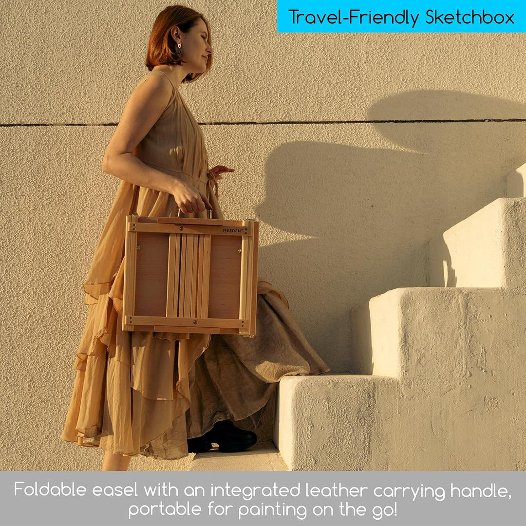 MEEDEN Skizzenkasten Tischstaffelei mit Metallschublade - Verstellbare Staffelei & Skizzenbox aus ma