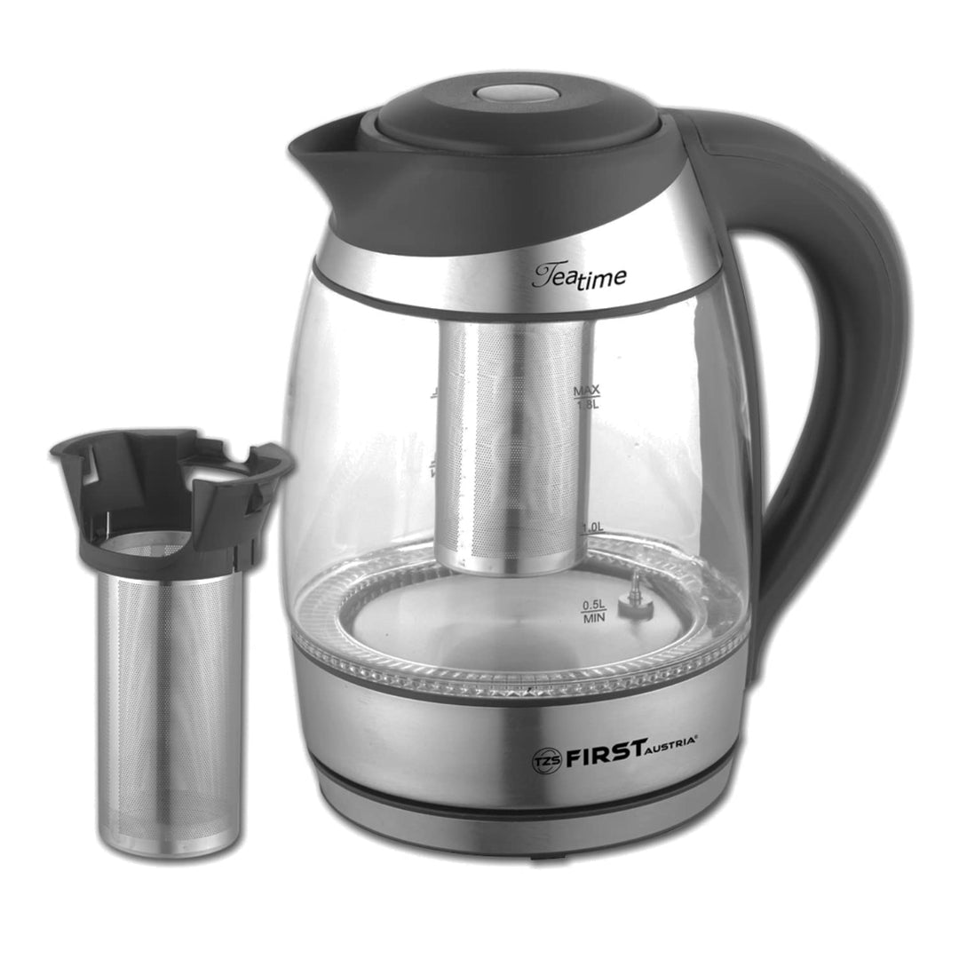 TZS First Austria Edelstahl Glaswasserkocher mit Teefilter 1,8L, 2200W, Temperatureinstellung 40 Gra