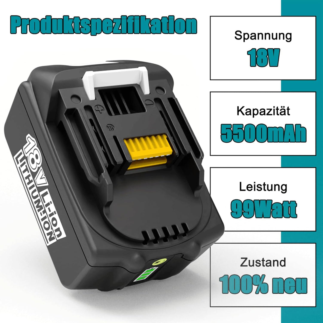 Energup 18V 5.5Ah Ersatz Akku + Ladegerät Kompatibel mit Makita Akku18V BL1850 BL1840 BL1830 BL1430