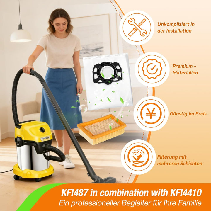 10 Stück KFI 487 staubsaugerbeutel mit 2 Filter Ersatz für Kärcher WD4 WD5 WD6 WD5 P WD6 P MV4 MV5 M