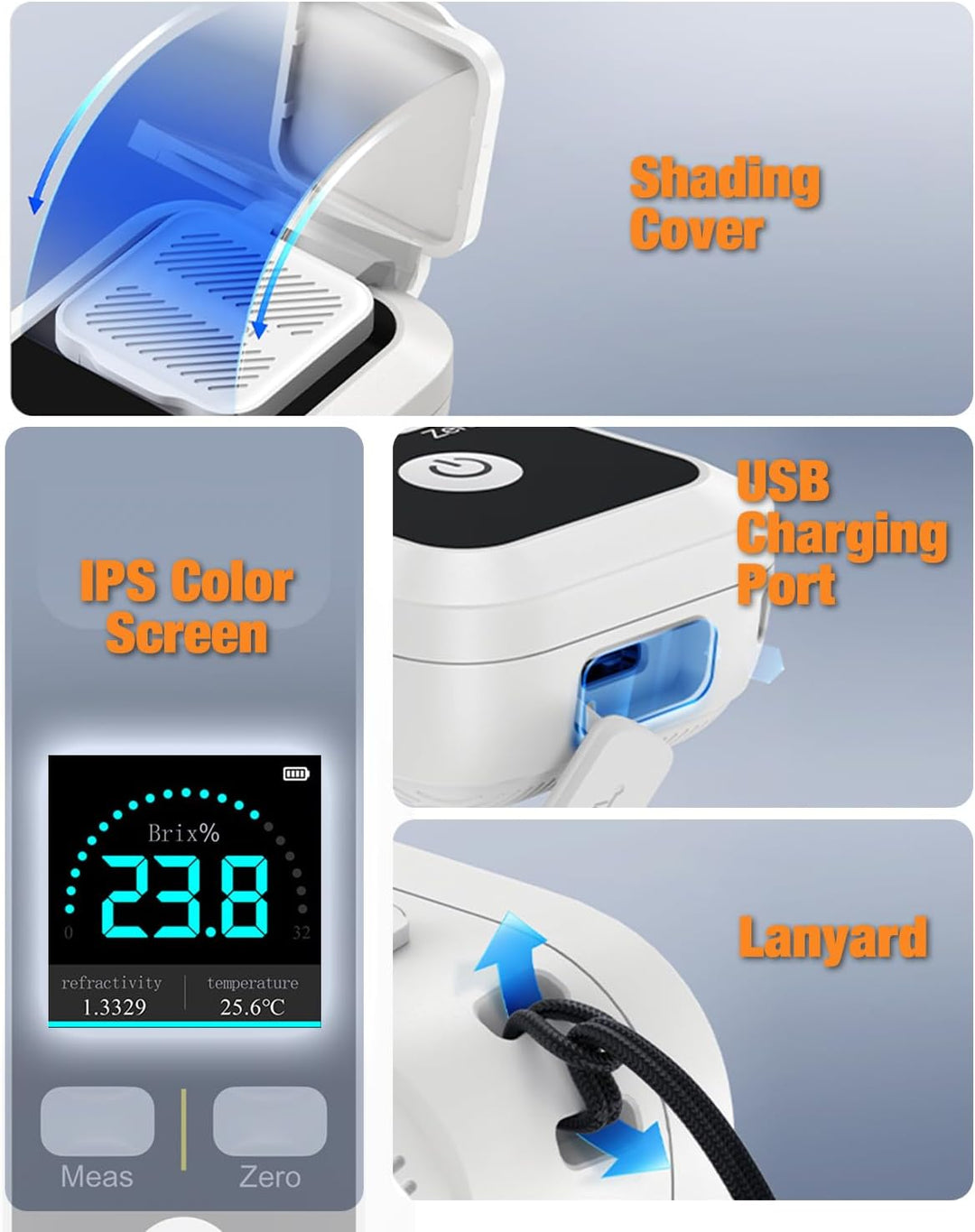 Digitaler Brix Refraktometer, Zucker Refraktometer Bereich 0-32% Brix ±0.2% Präzision Automatische T