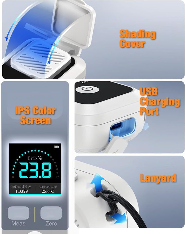 Digitaler Brix Refraktometer, Zucker Refraktometer Bereich 0-32% Brix ±0.2% Präzision Automatische T