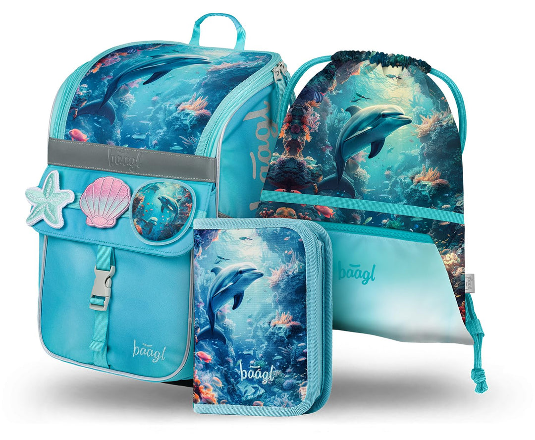 Baagl Schulranzen Mädchen Set 3 Teilig (Zippy Schultasche für 1. Klasse, Mäppchen, Turnbeutel), Grun