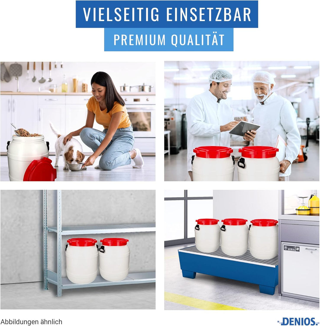 DENIOS® Weithalsfass WH 55, aus Polyethylen (PE), 55 Liter Volumen, weiss/rot, 55 Liter