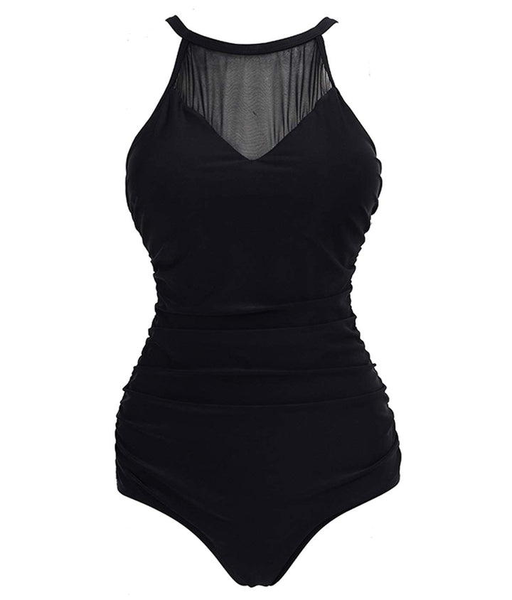 VILOREE Damen Schlankheits Badeanzug Raffung Einteiler High Neck Bademode Strandmode XXL Schwarz 