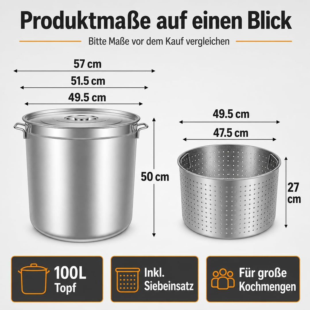 100L Suppentopf mit Deckel und Siebkorb, Edelstahl Kochtopf Induktion Kompatibel, Grosser Gewerbetop