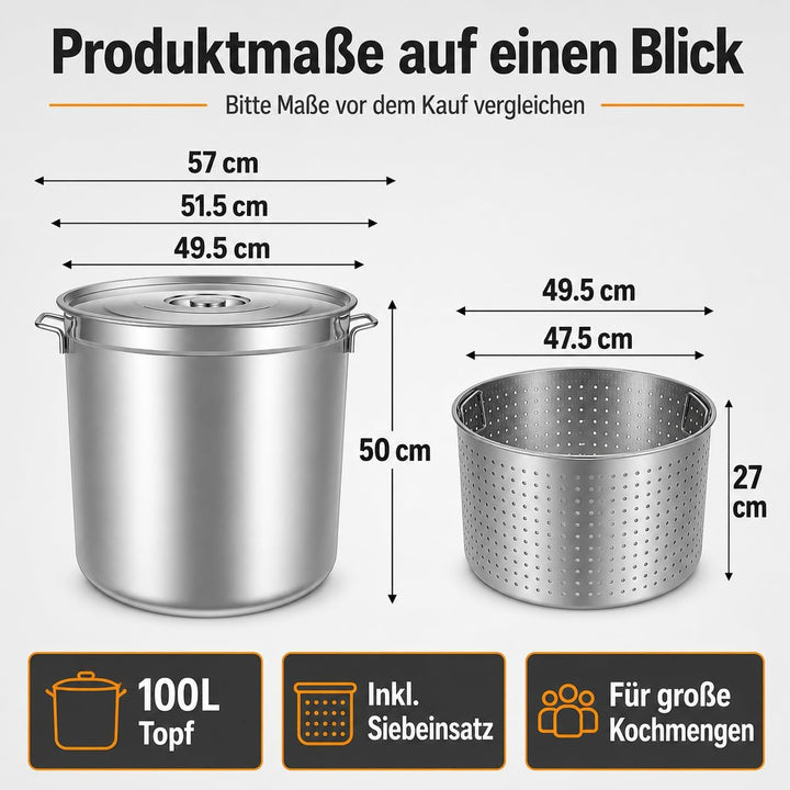 100L Suppentopf mit Deckel und Siebkorb, Edelstahl Kochtopf Induktion Kompatibel, Grosser Gewerbetop