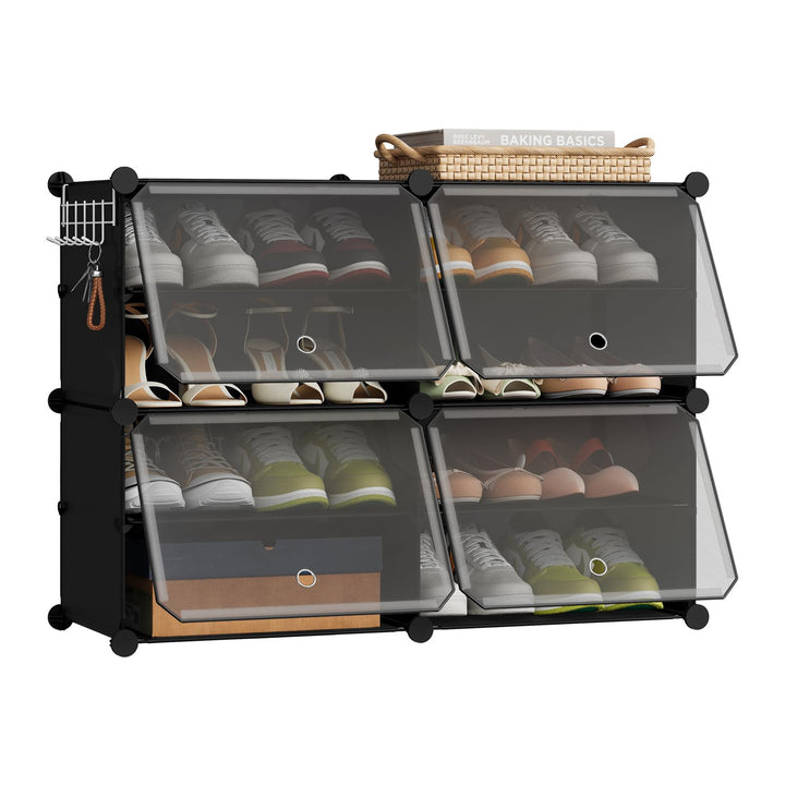 WOLTU Schuhregal, Schuhschrank mit 4 Fächern, Platzsparend, Mit Haken, Schuhablage Kunststoff, für F