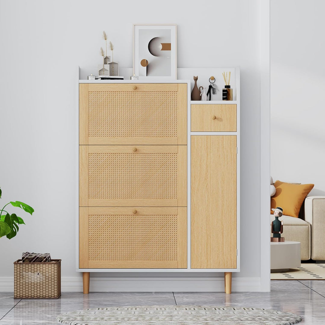 BTM Schuhschrank, Rattan Holz Schuhkipper mit 3 Klappen & Schublade & Tür & Massivholzbeinen, 90x17x