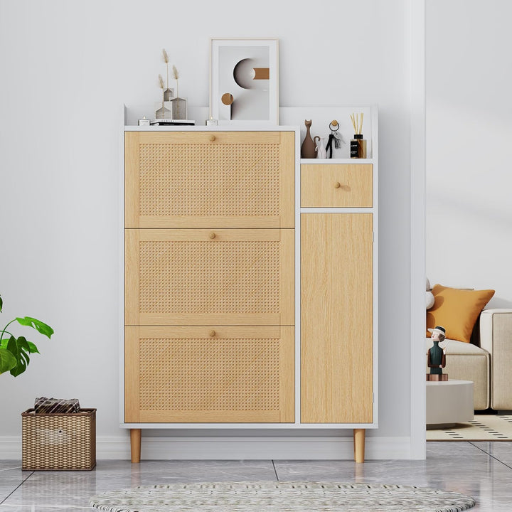 BTM Schuhschrank, Rattan Holz Schuhkipper mit 3 Klappen & Schublade & Tür & Massivholzbeinen, 90x17x