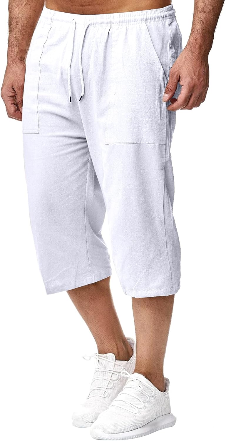 Remxi Herren-Shorts, 3/4-Leinen-Shorts, lockere Passform, Sommer, lässige Cargohose XL Weiss, XL Wei
