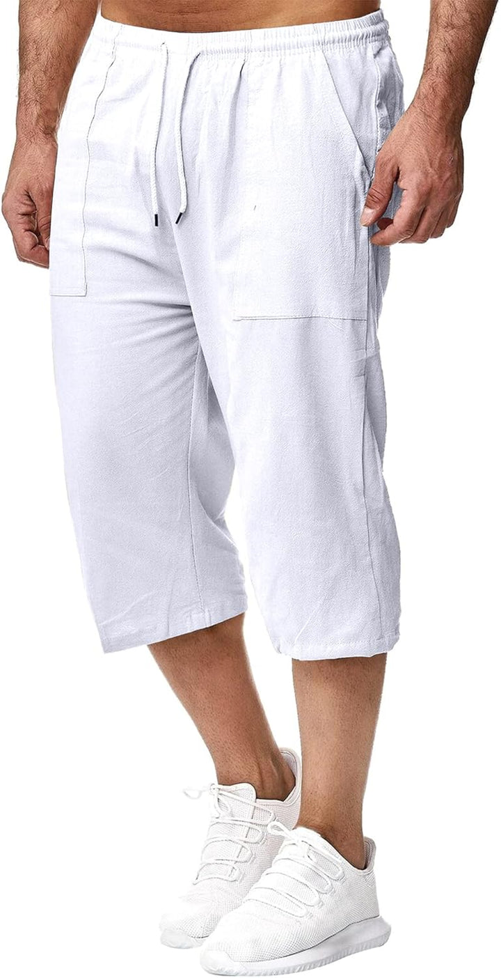 Remxi Herren-Shorts, 3/4-Leinen-Shorts, lockere Passform, Sommer, lässige Cargohose M Weiss, M Weiss